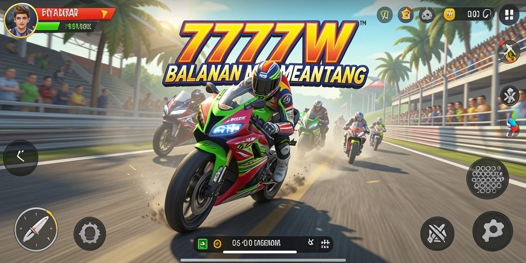 Tampilan gameplay mendebarkan dari 7777W dengan balapan motor yang intens.