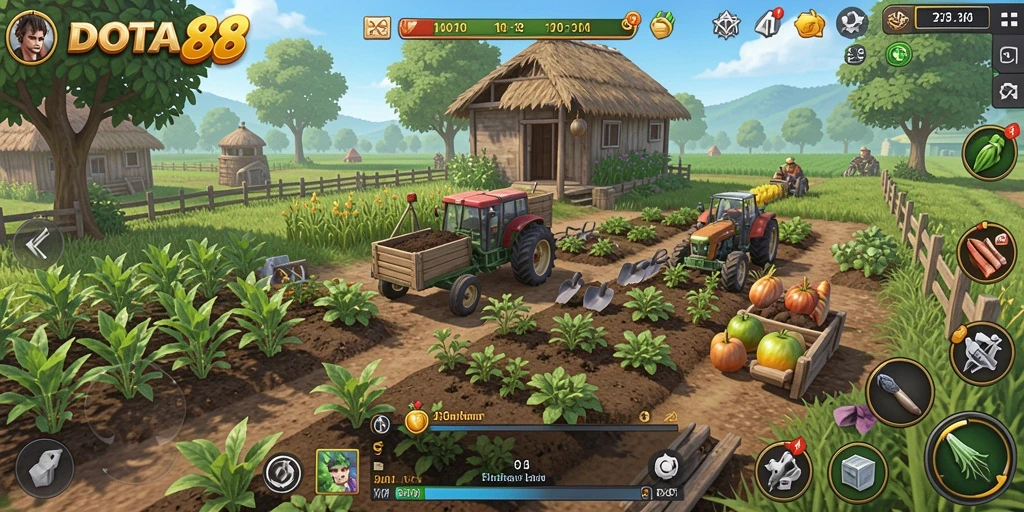 Tampilan menarik dari gameplay pertanian di DOTA88 dengan ladang subur.