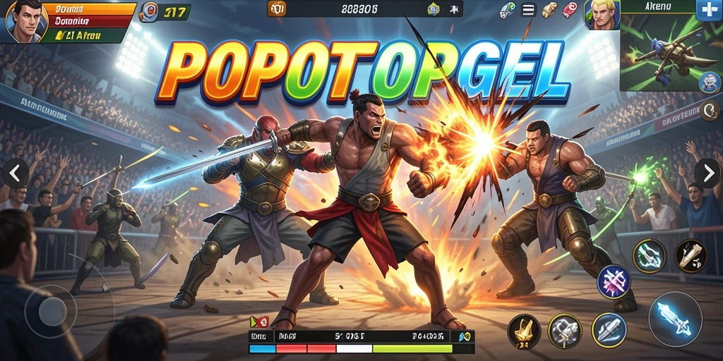Gameplay menyoroti pertarungan seru karakter di arena.